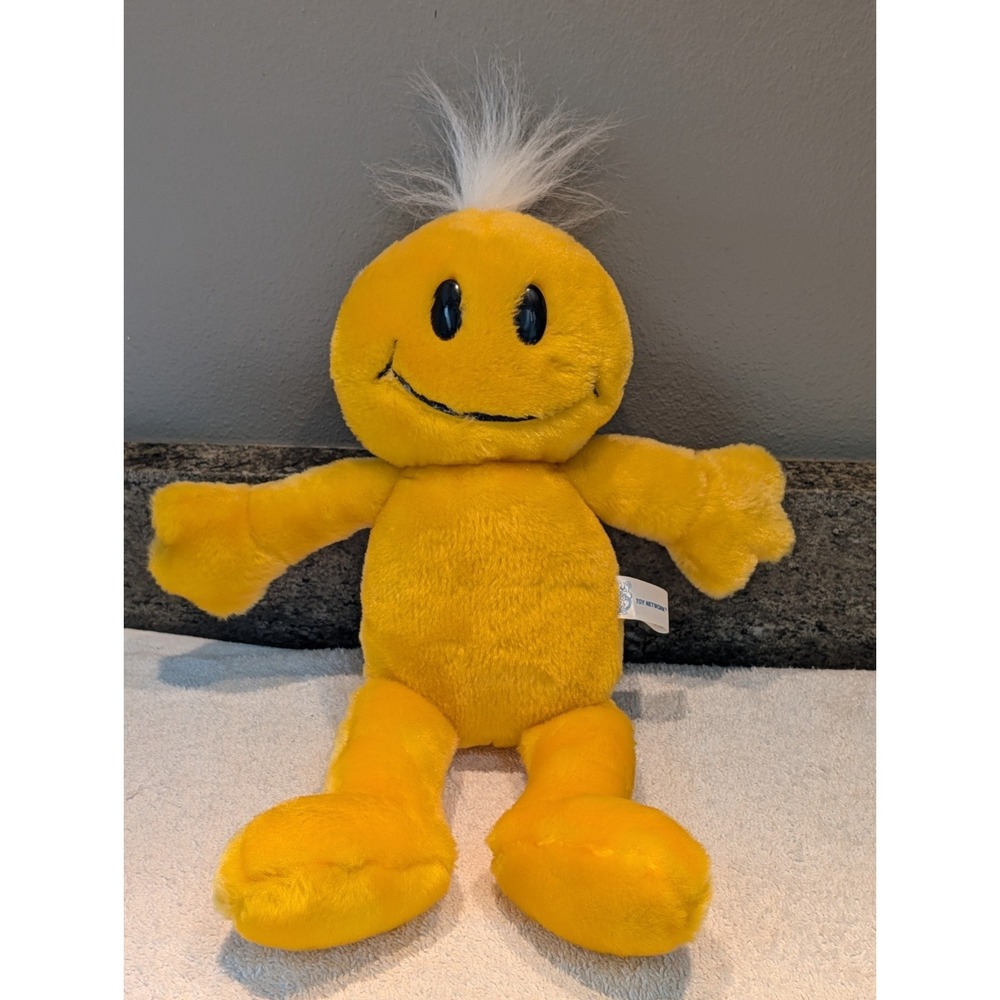 Vintage Toy Network Yellow Smiley Face Body Arms Legs Plush 14" White Fluff Hair